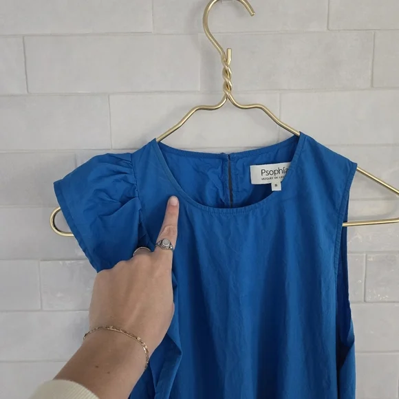 Psophia Cobalt Blue Ruffle Midi Dress Sleeveless Belted Size Small 100% Cotton - Picture 6 of 9